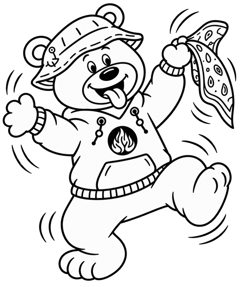 Ben the Bear acting silly and waving a bandana