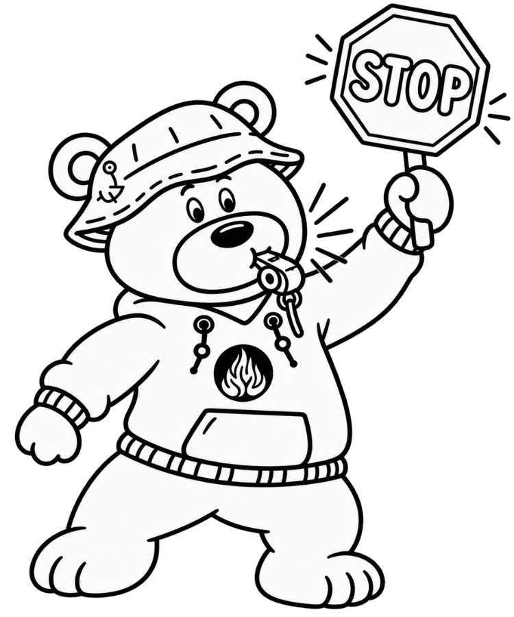 Ben the Bear holding a stop sign and whistle