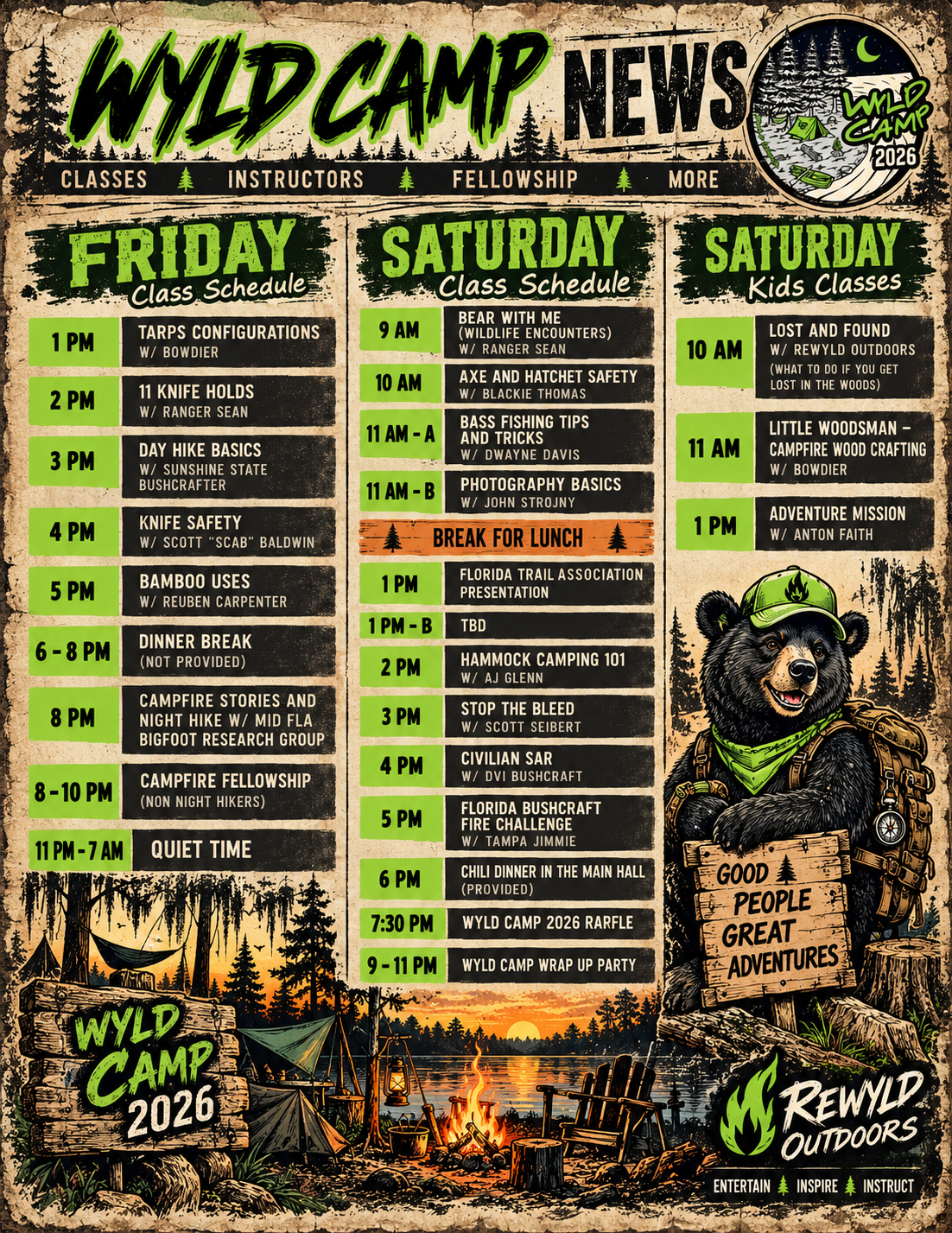 Wyld Camp News 2026 class schedule poster